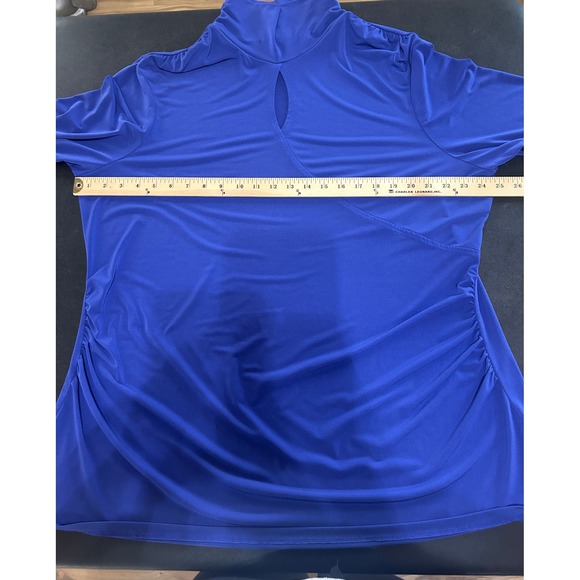 Susan Graver Liquid Knit Tunic Top Womens 2X Blue Mock Neck Keyhole Ruched Sleek - Picture 5 of 12